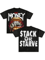 Black t-shirt with graphic design and text on front and back, displayed against a neutral background.