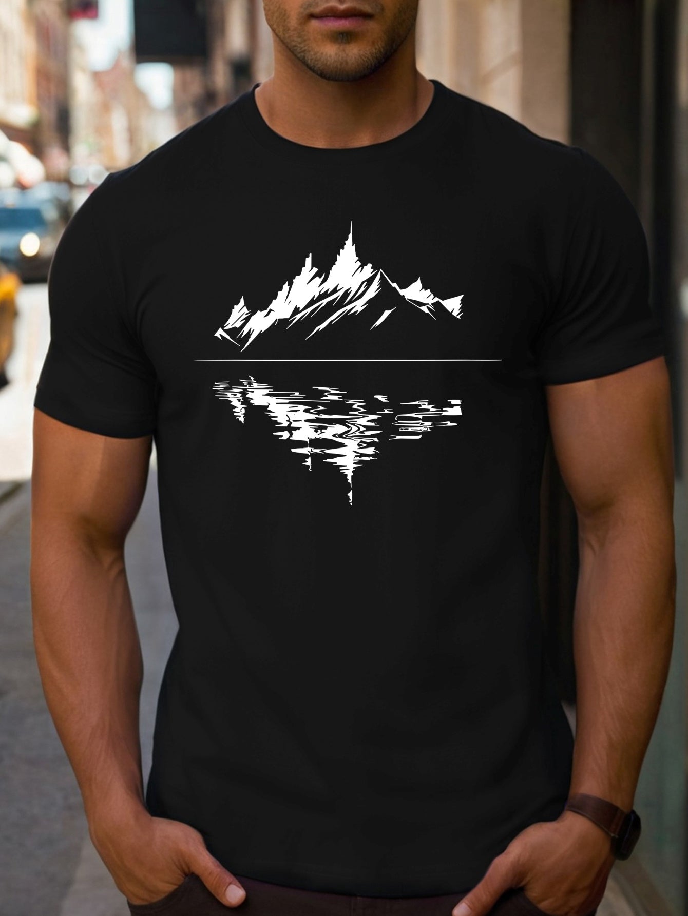 Landscape Printed Reflective T-shirt, Men's T-shirt, Summer Casual Short Sleeved T-shirt