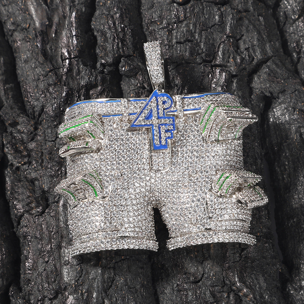 DatNewDrip iced out pants pendant diamond encrusted shorts pendant with blue and green enamel accents