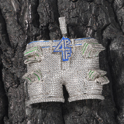 DatNewDrip iced out pants pendant diamond encrusted shorts pendant with blue and green enamel accents