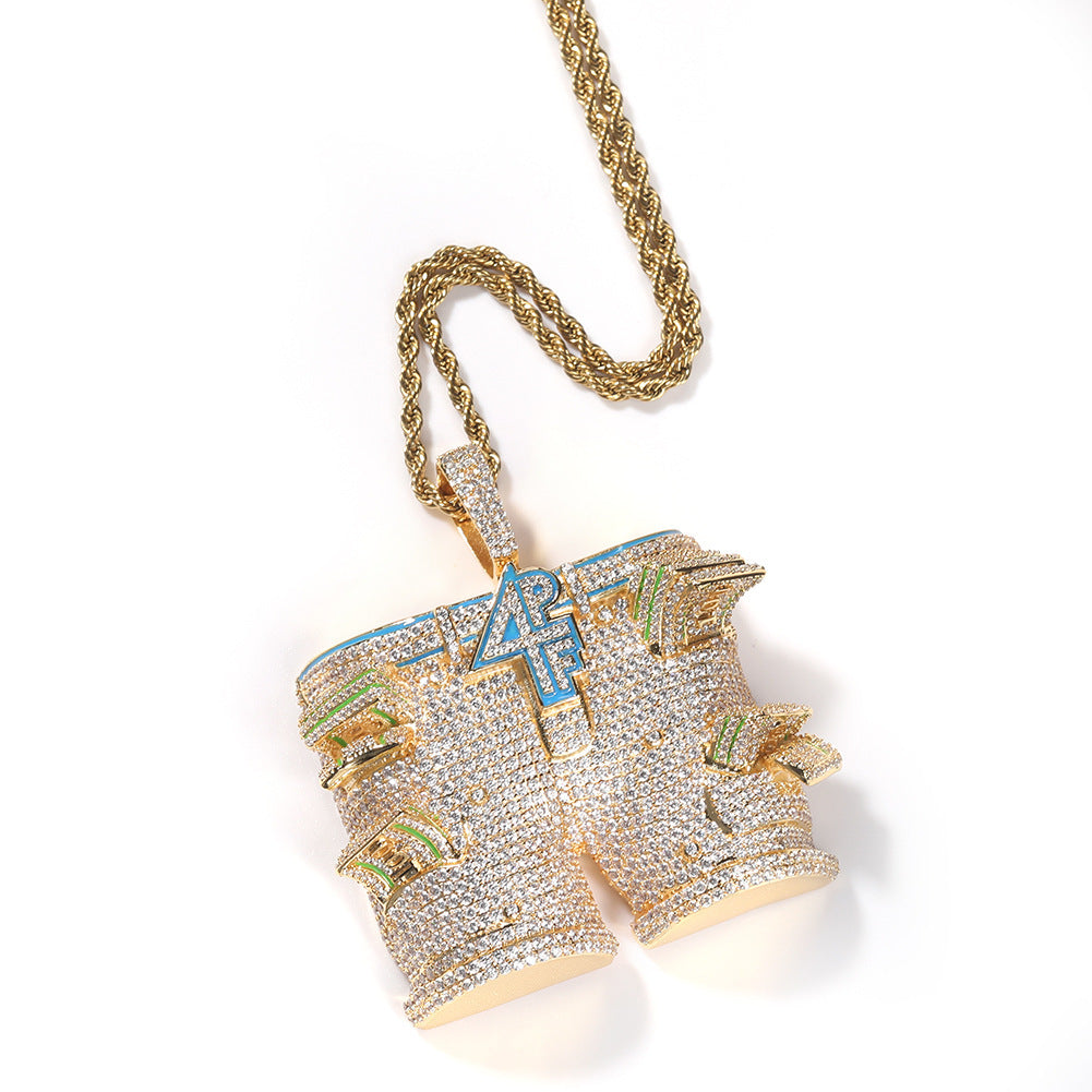 DatNewDrip gold rope chain with iced out pants pendant encrusted with clear and green stones hip hop jewelry