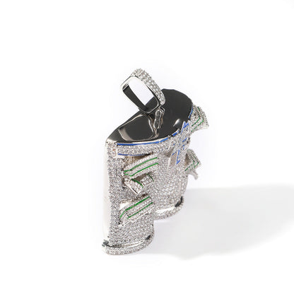 DatNewDrip iced out pants pendant sterling silver pave diamonds with green and blue enamel accents