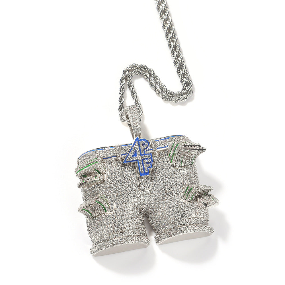 DatNewDrip iced out pants pendant silver shorts style micro pave stones blue logo on rope chain