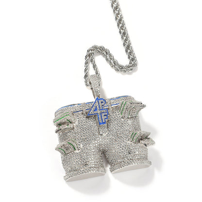 DatNewDrip iced out pants pendant silver shorts style micro pave stones blue logo on rope chain