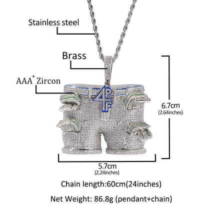 DatNewDrip iced out pants pendant stainless steel chain brass core AAA zircon encrusted hip hop jewelry