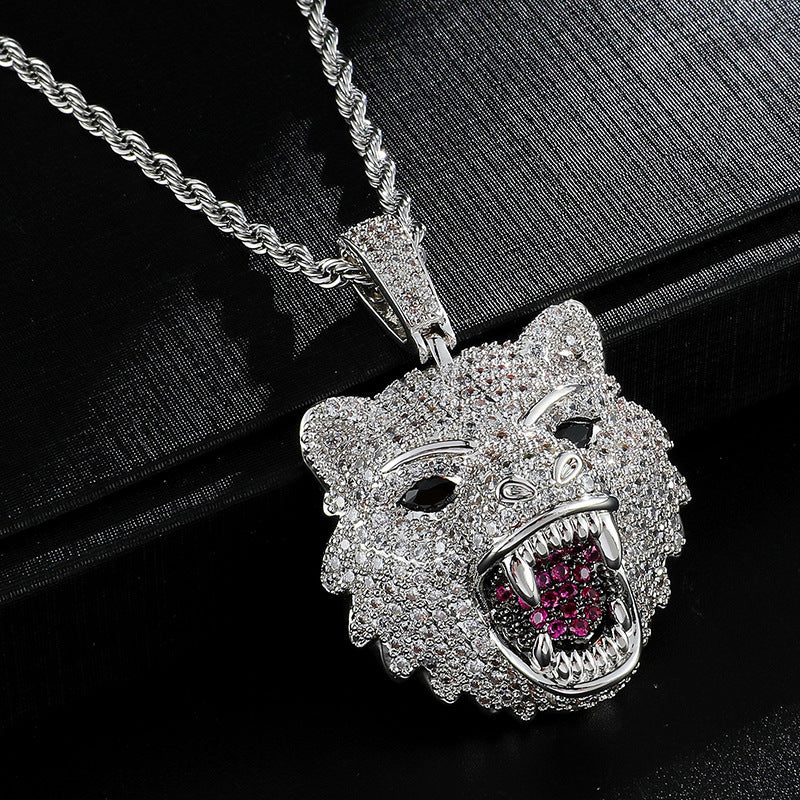 Domineering Wolf Head Pendant Necklace Hip Hop HIPHOP Necklace Full Diamond Luxury Style