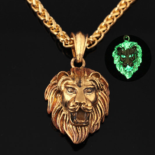 Vintage lion head hip hop luminous necklace domineering neutral gold-plated hiphop animal pendant