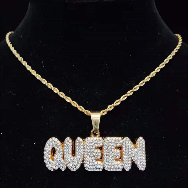 Men Women Hip Hop KING QUEEN Letter Pendant Necklace