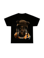 Black t-shirt with graphic design of a person wearing a helmet and orange jacket on a white background