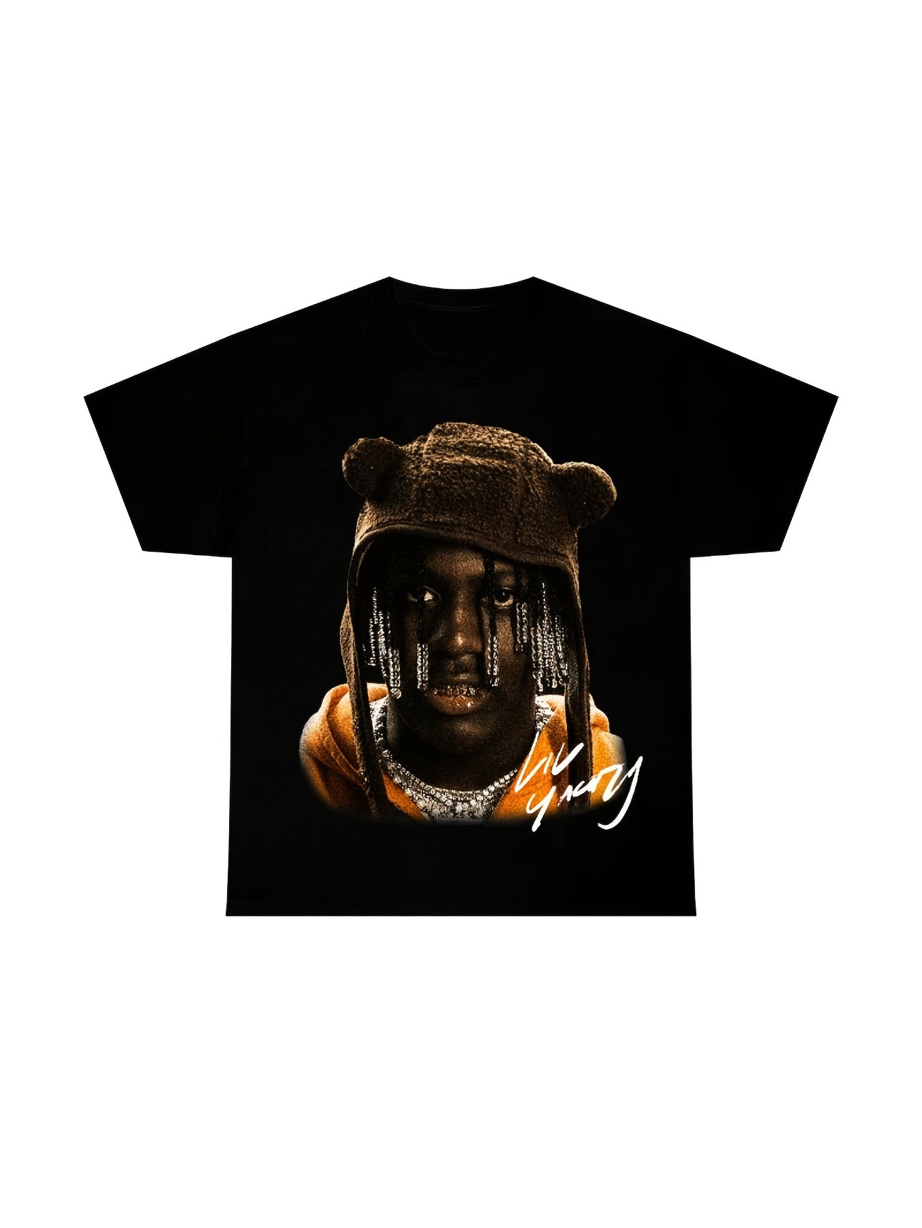 Black t-shirt with graphic design of a person wearing a helmet and orange jacket on a white background