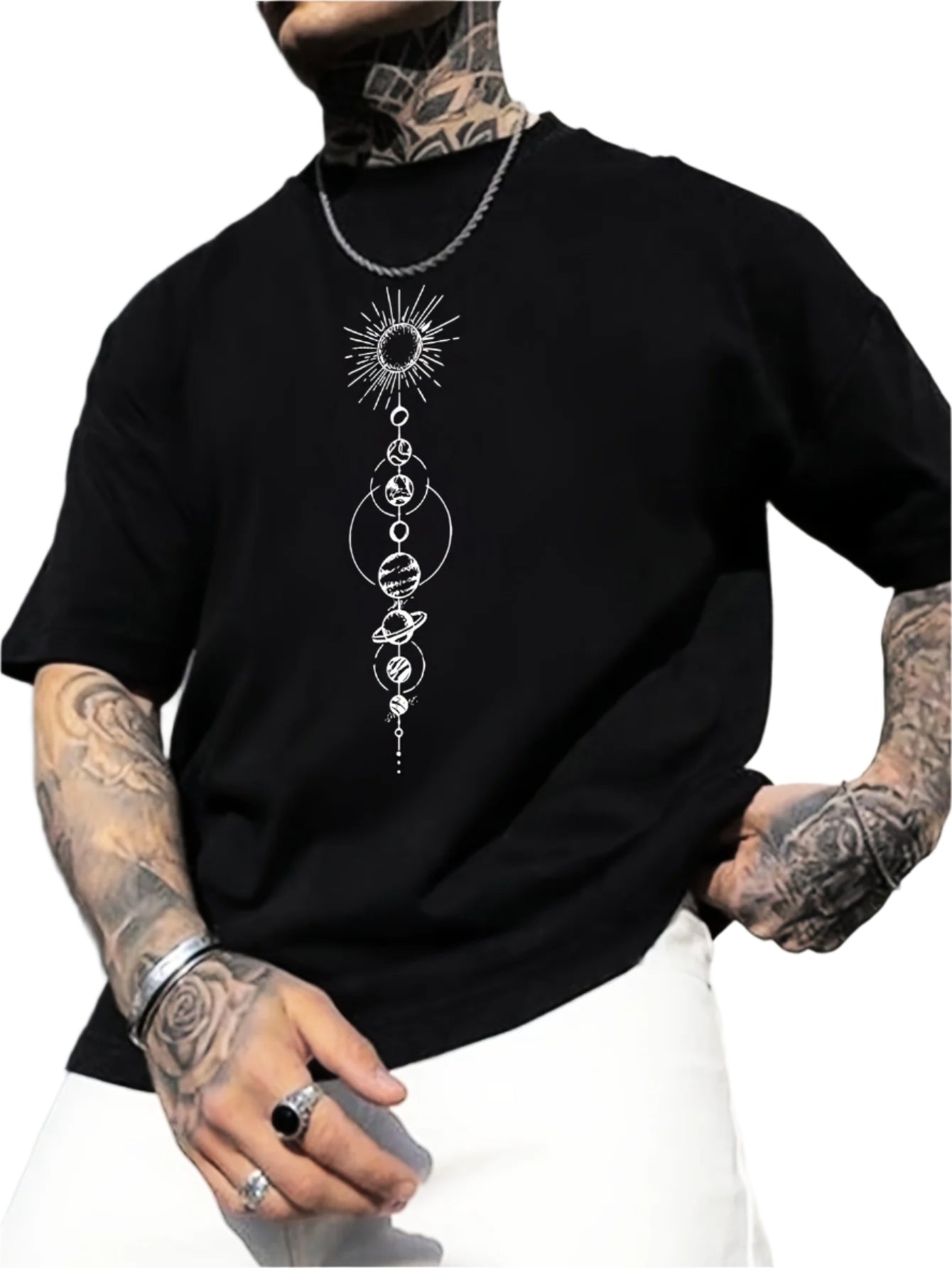 Large Men's Planet Patterned Round Neck Short Sleeved T-shirt, Men's T-shirt, Summer Casual And Fashionable Tops, And Sportswear