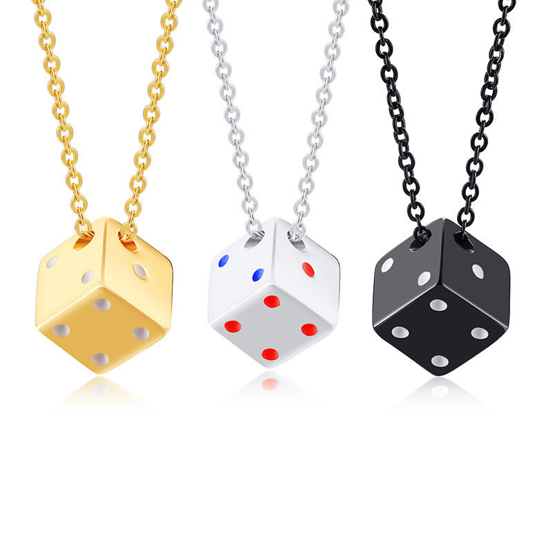 Stainless Steel Dice Pendant Men's Necklace Steel Color Black Hip Hop Jewelry