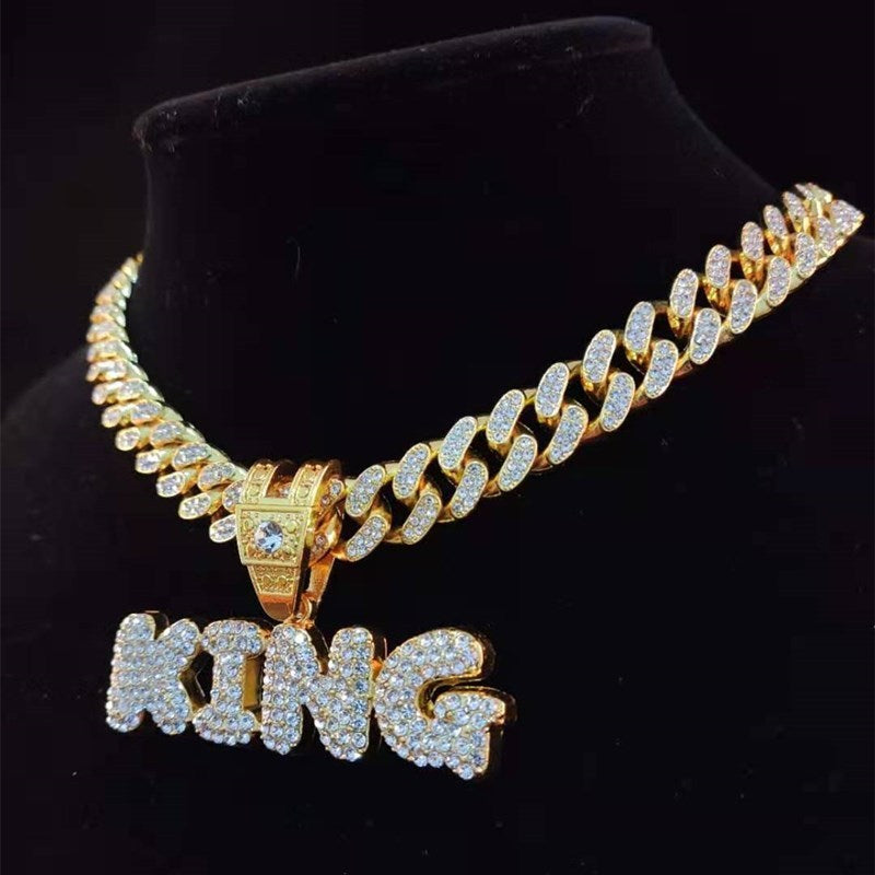 Men Women Hip Hop KING QUEEN Letter Pendant Necklace