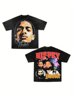 Black t-shirt with graphic design of a face and text on a white background