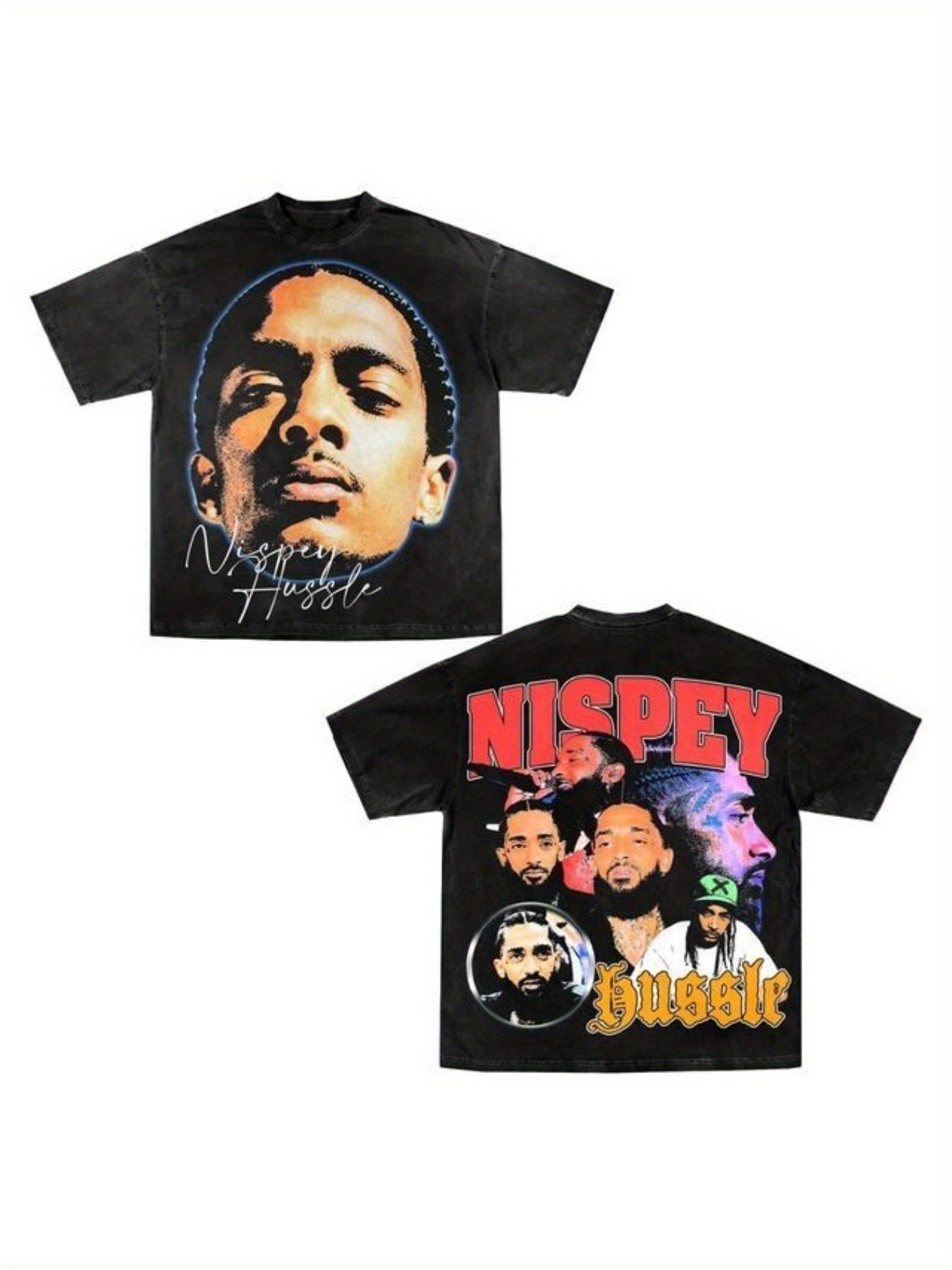 Black t-shirt with graphic design of a face and text on a white background