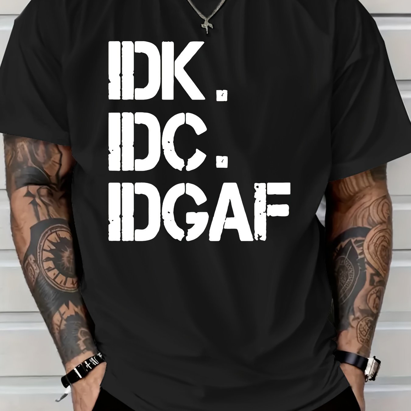 IDK IDC IDGAF Printed Men's Short Sleeved Casual T-shirt, Round Neck T-shirt, Summer Outdoor Daily Wear