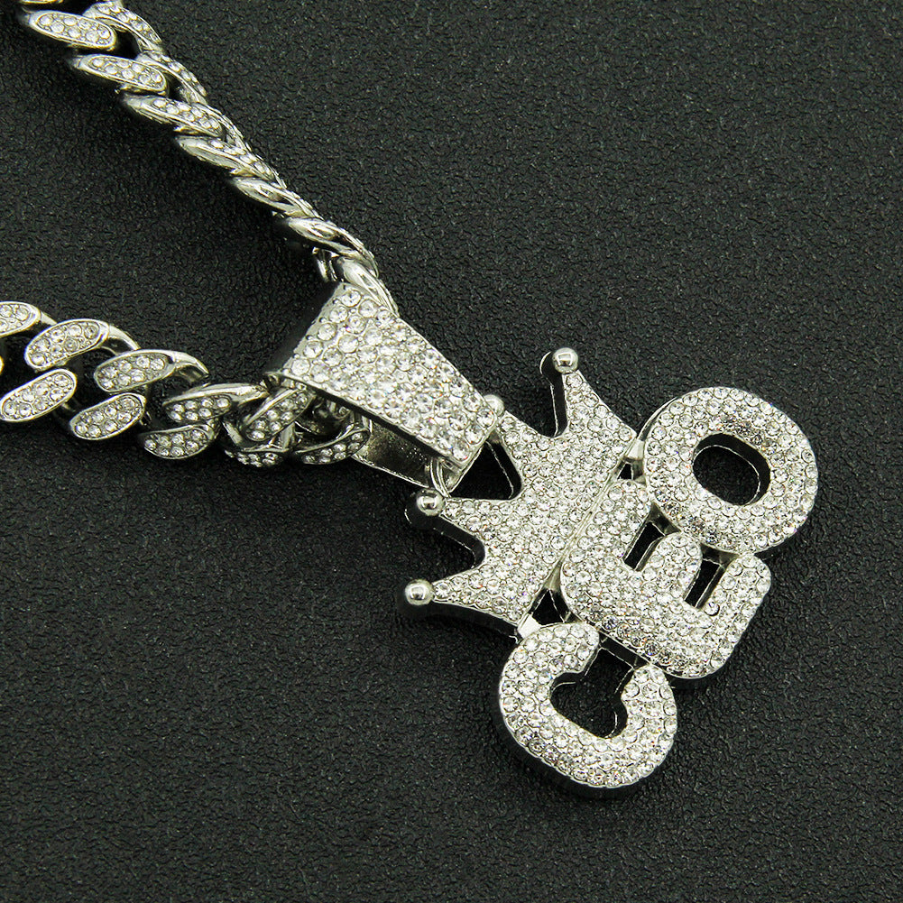 European Hip Hop Full Diamond Crown Letters Pendant Cuban Necklace