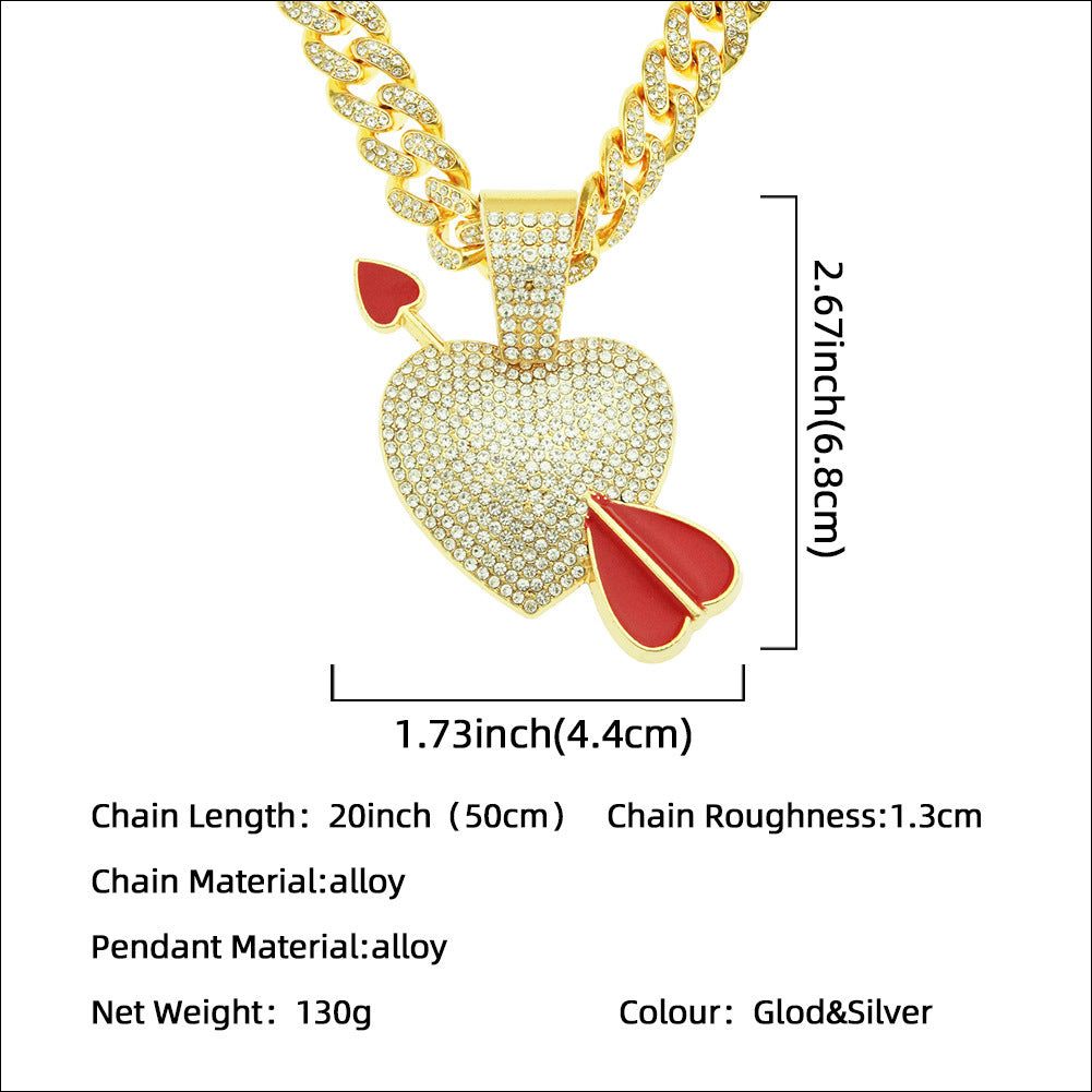 Hip-hop Three-dimensional Arrow Piercing Heart Pendant Necklace Full Of Diamonds