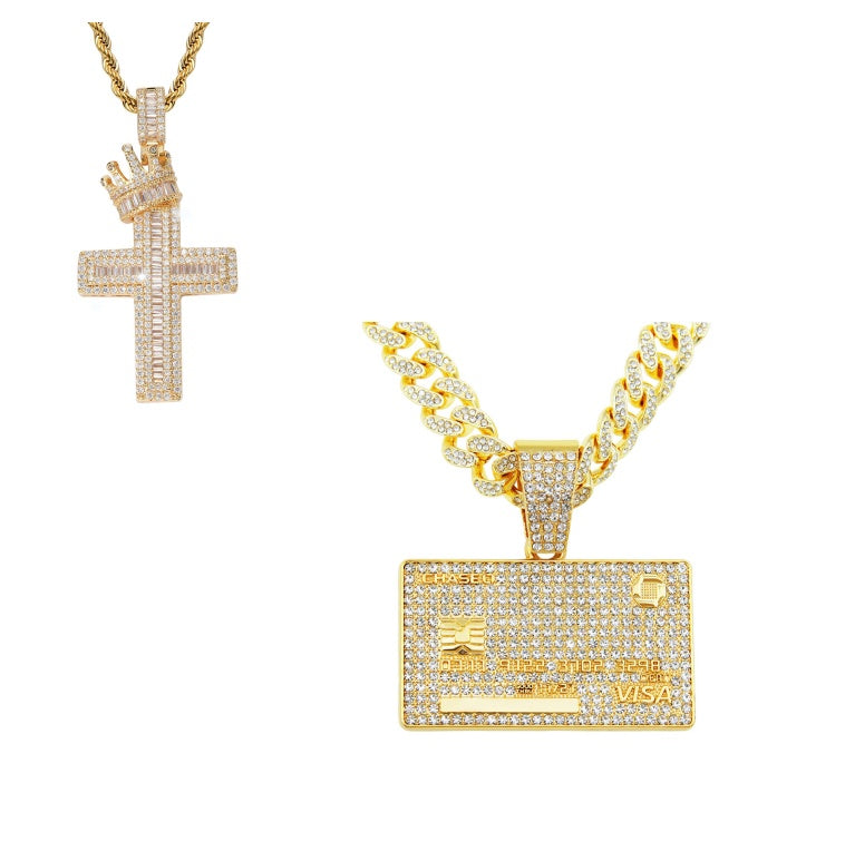 Square Zircon Micro Inlaid Crown Cross Hip Hop Pendant Ncklace