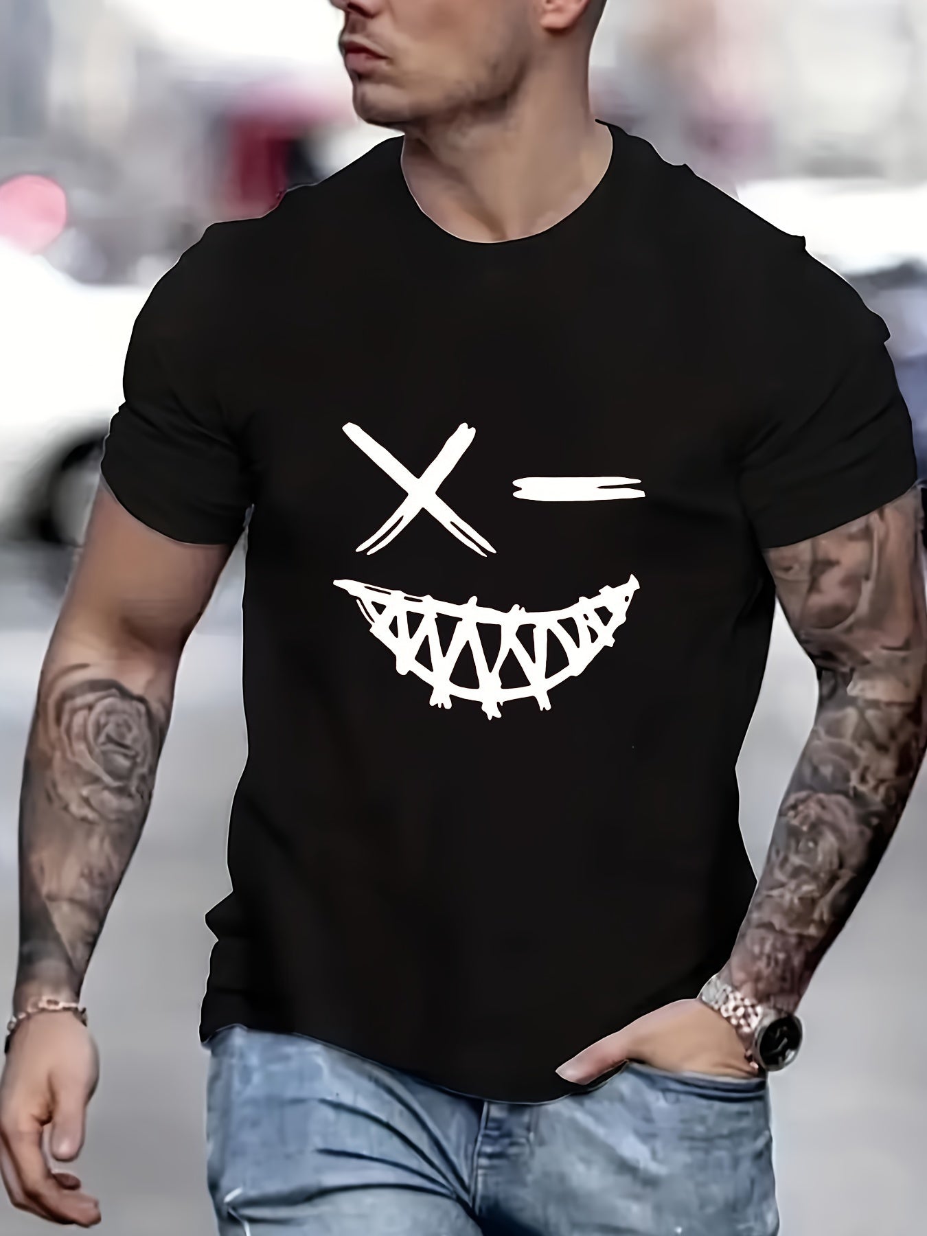 Men's Evil Smiling Face Pattern Round Neck Short Sleeve T-shirt, Summer Street Trend Fashion Top, Perfect Gift Item