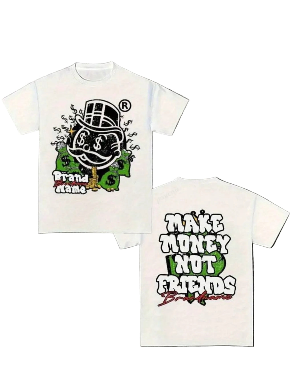 Two white t-shirts with graphic designs on a textured gray background