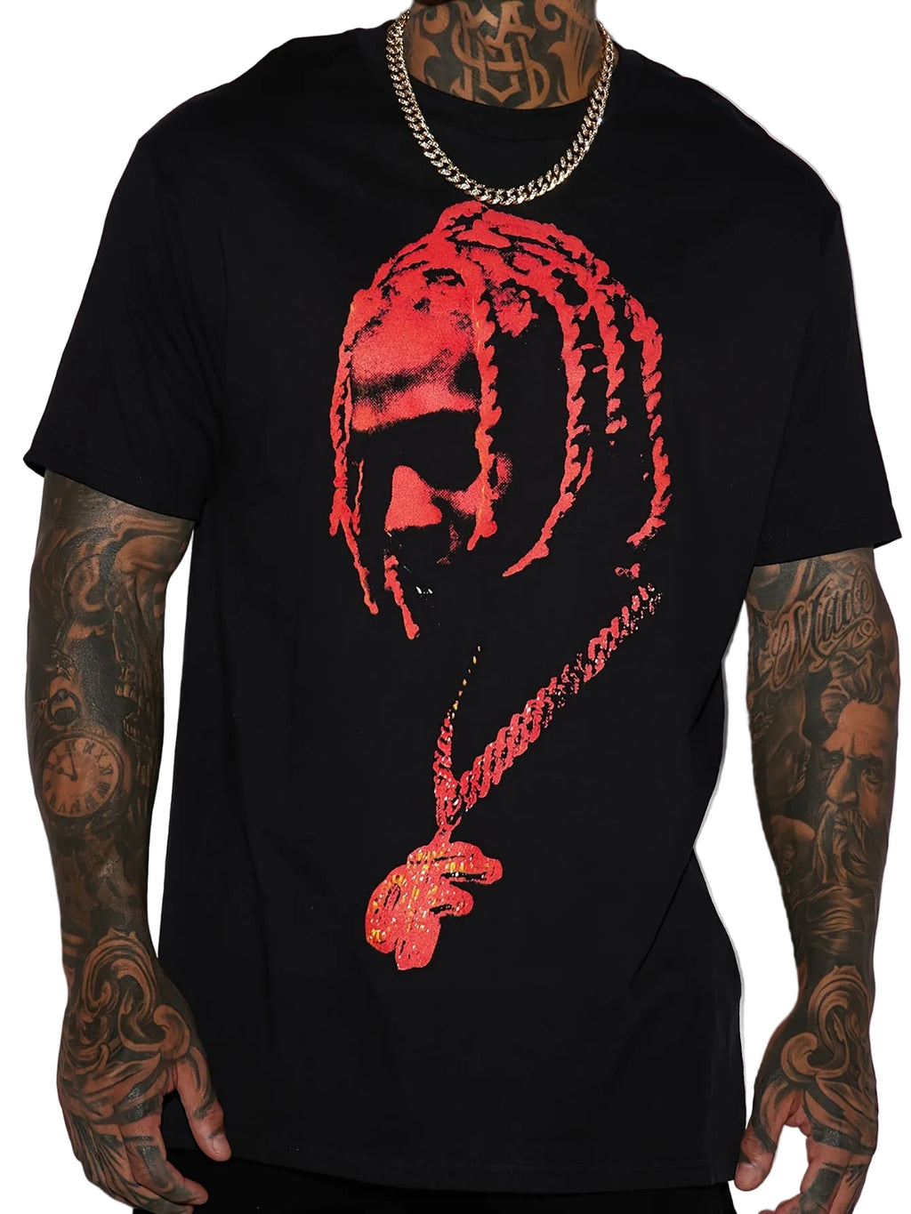 Black t-shirt with red graphic design of a person with braided hair and chains, worn by a person with tattoos.