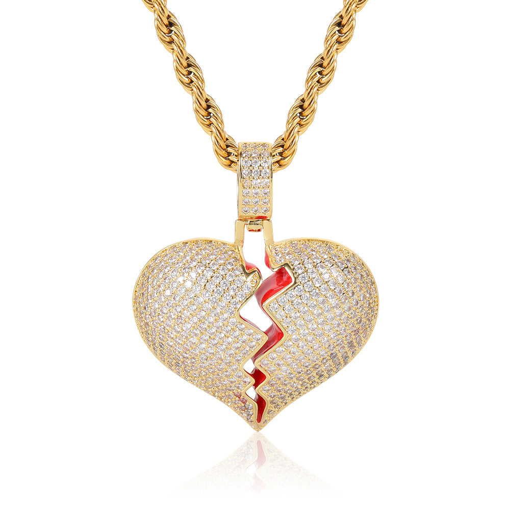 Hip Hop Copper Set Zircon Broken Heart Shape Pendant Real Gold Electroplated Couple Necklace