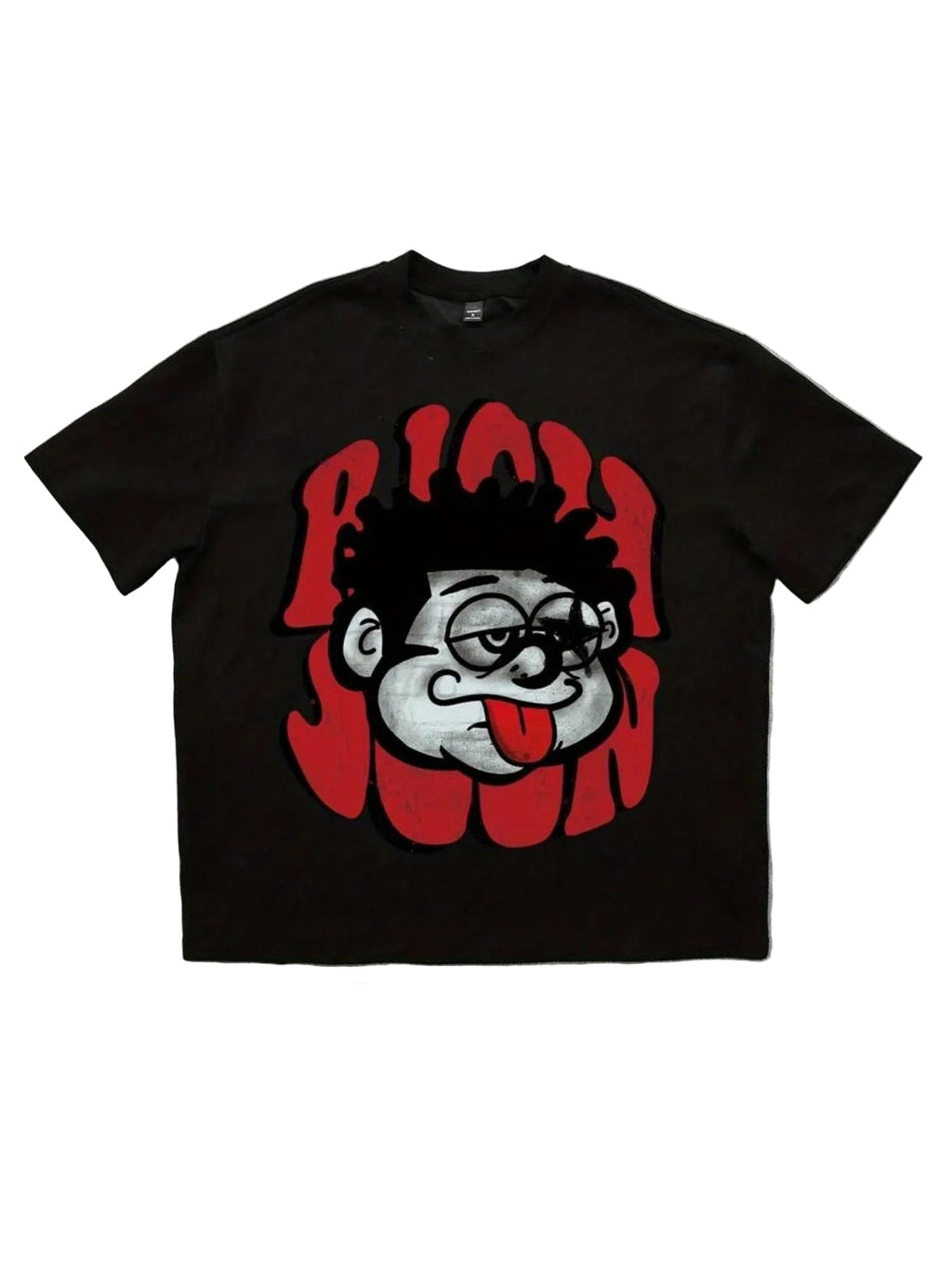 Black t-shirt with a graphic design on a gray concrete floor