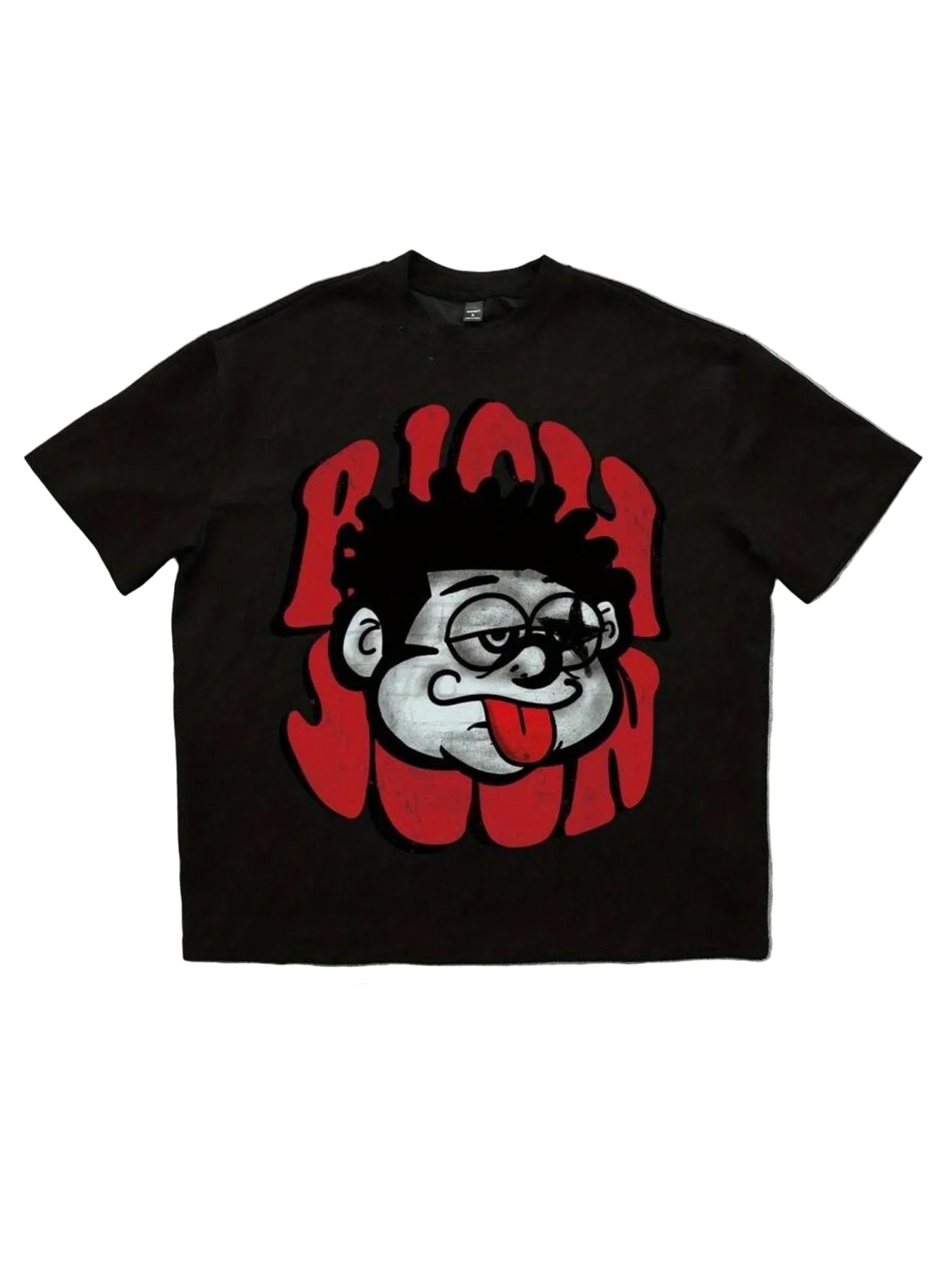 Black t-shirt with a graphic design on a gray concrete floor