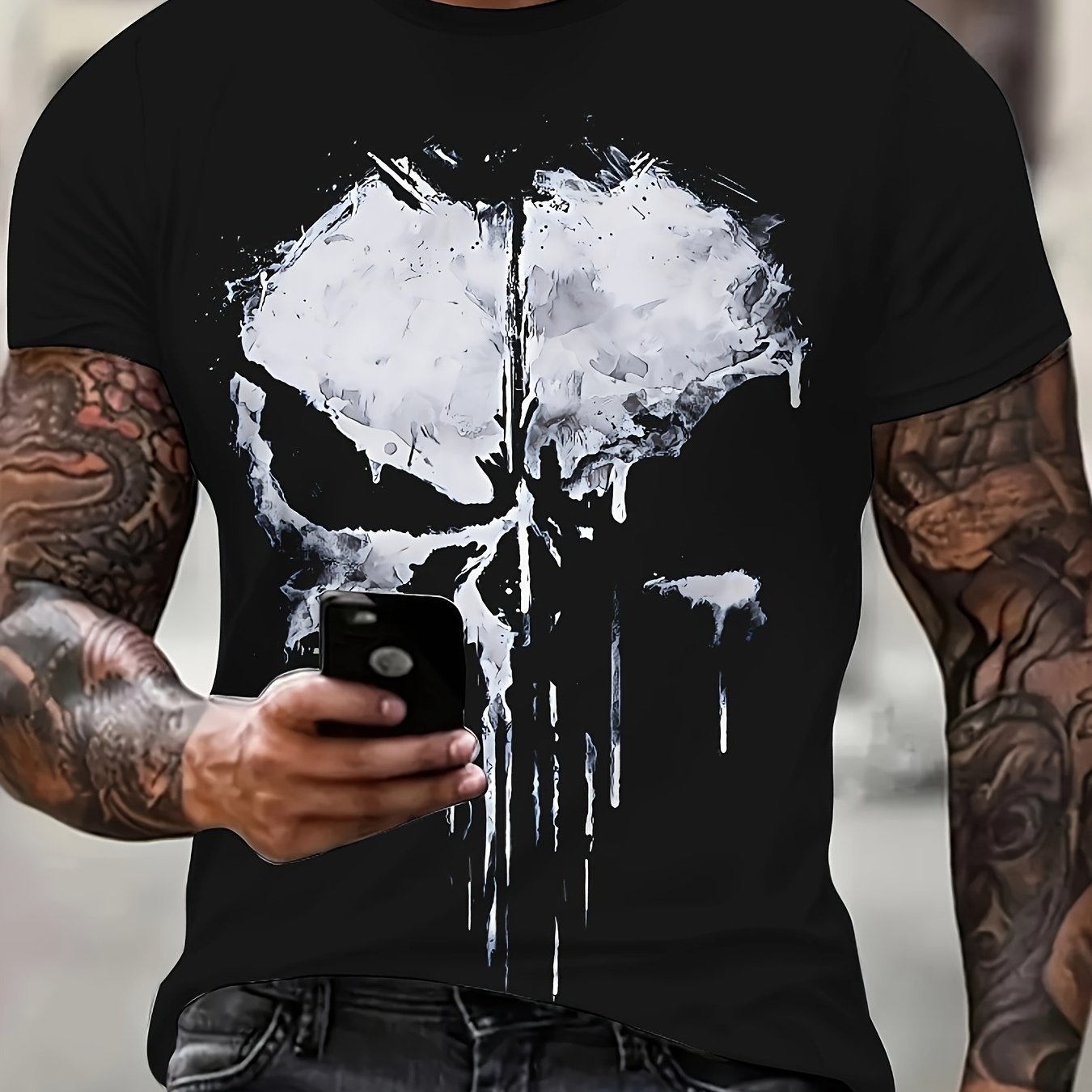 Skull Shaped 3D Printed Men's Round Neck Short Sleeved T-shirt, Summer Fashionable T-shirt, Casual And Comfortable Versatile Top, Suitable For Daily Outdoor Street Wear