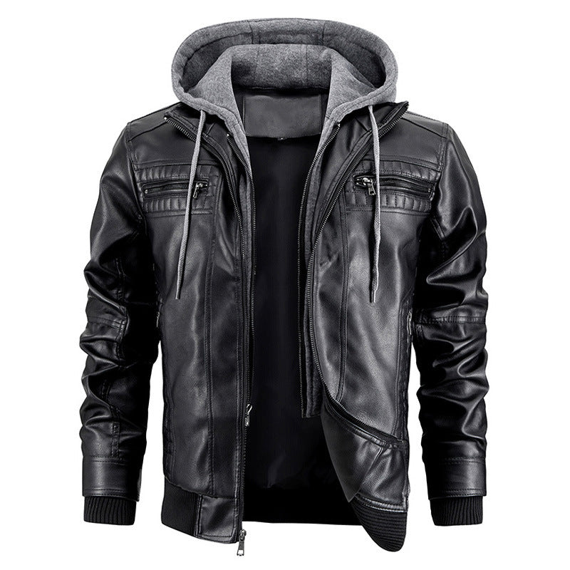 Hooded Jacket With Zipper Pockets Fashion Warm Pu Leather Coat Mens Clothing