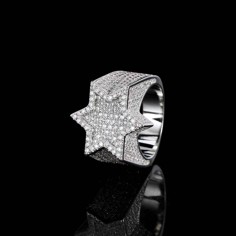 Hip Hop Micro Inlaid Zircon Six-pointed Star Men's Ring