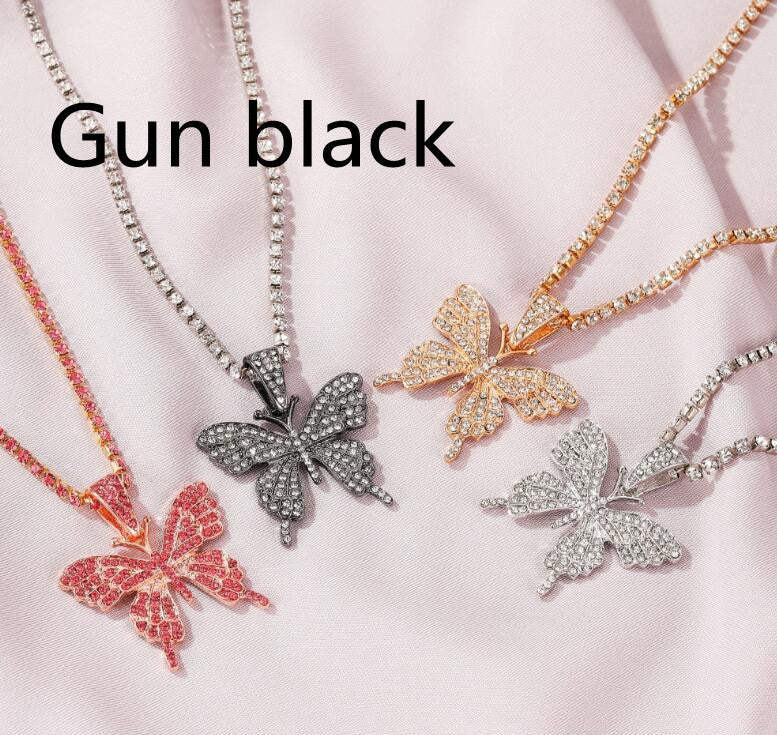 Explosive Rhinestone Butterfly Pendant Necklace Hip-hop Jewelry Tennis Choker Cuban Butterfly Necklace