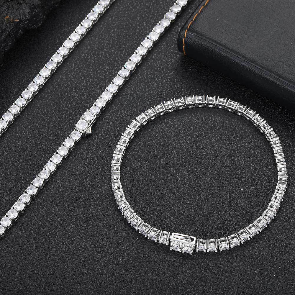 European Hip Hop Diamond Spring Fastener Tennis Chain Zircon Men's Necklace Bracelet Jewelry