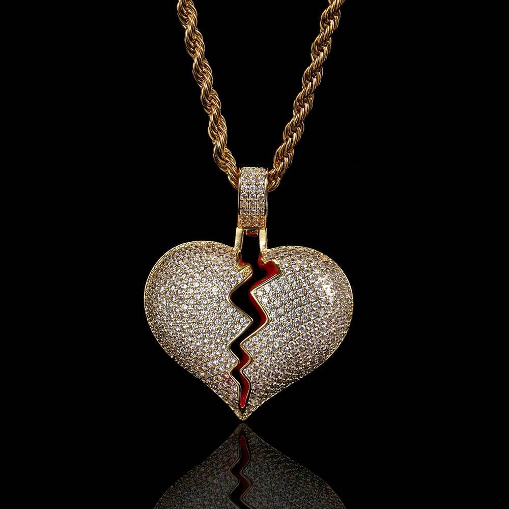 Hip Hop Copper Set Zircon Broken Heart Shape Pendant Real Gold Electroplated Couple Necklace