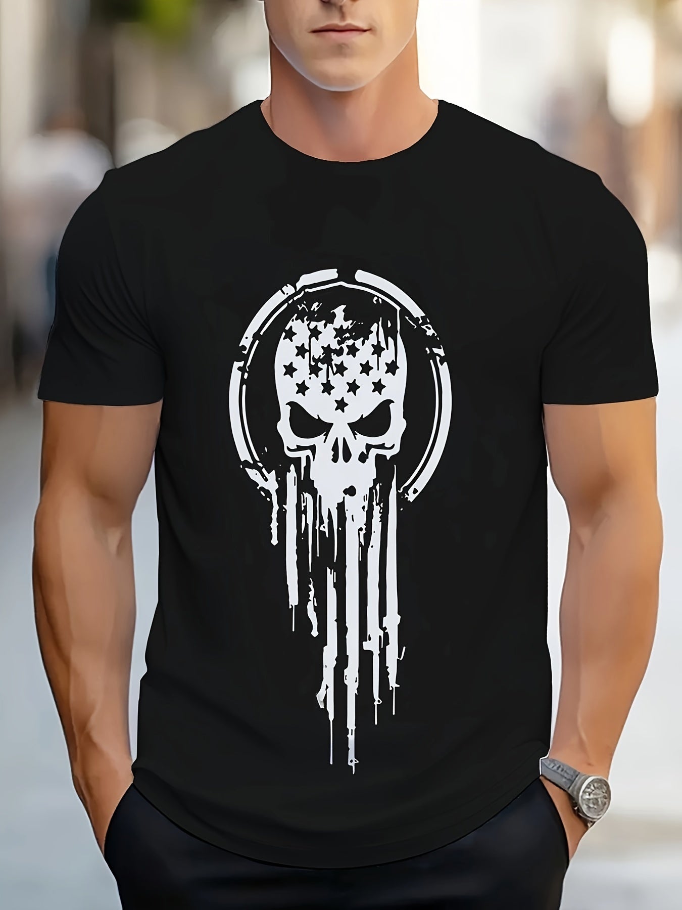 Men's Casual And Fashionable Geometric Skull Pattern T-shirt - Breathable Polyester Fiber, Round Neck, Regular Style