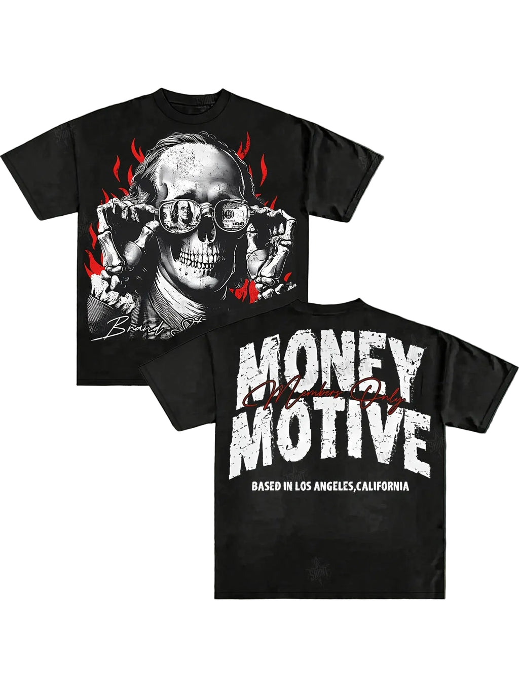 Black t-shirt with a graphic design on the front and text on the back, displayed against a textured wall.