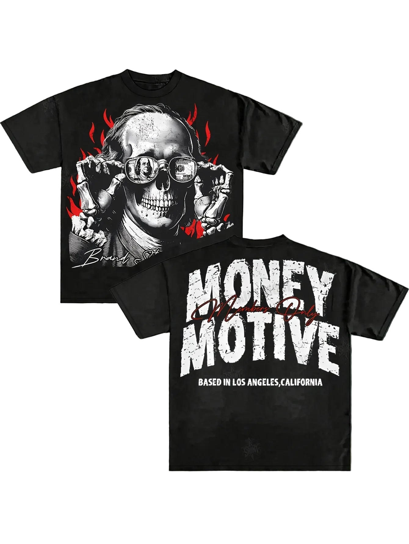 Black t-shirt with a graphic design on the front and text on the back, displayed against a textured wall.