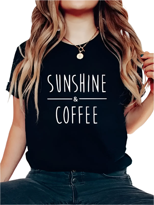 Sunshine Coffee Graphic Print Solid T-Shirt, Crew Neck Short Sleeve Casual Top For Summer & Spring, Women's Clothing