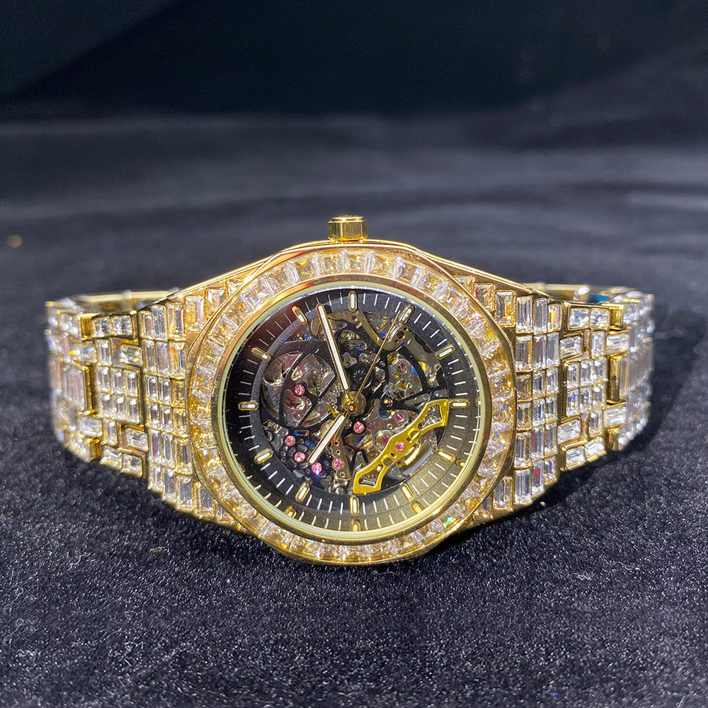 Hip Hop Full Square Diamond Luminous Hollow Mechanical Watch