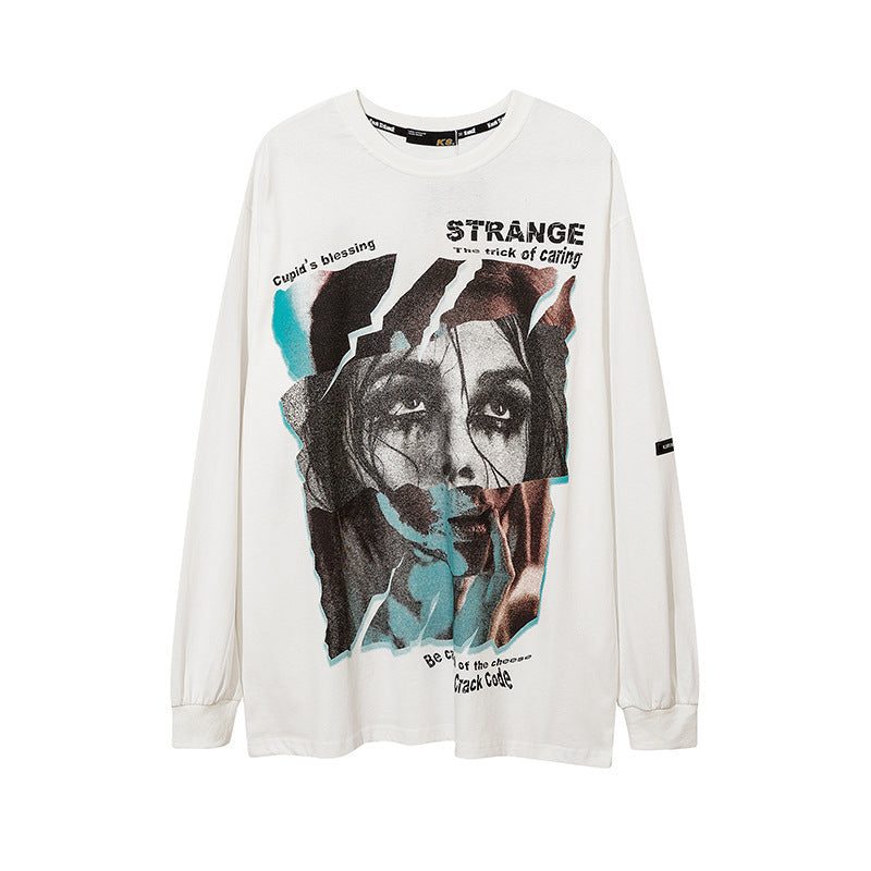 High Street Hip Hop Portrait Graffiti Print Long Sleeve T-Shirt