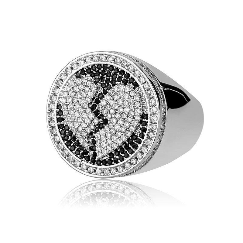 Heart Pattern Black Silver Bicolor Hip-hop Men's Ring