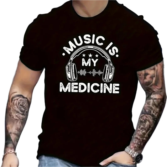 Music Is Good Medicine, Letter Printed Men's Short Sleeved Round Neck Plus Size T-shirt, Summer Fashionable Round Neck Short Sleeved Top