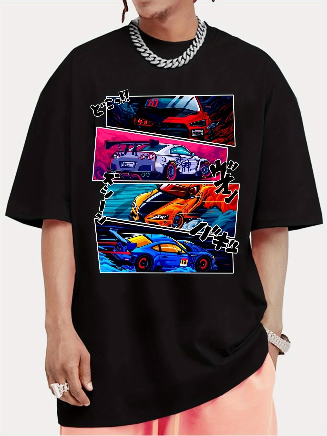 Men's Street Style Short Sleeved Round Neck T-shirt With Summer Outdoor Sports Car Pattern Print