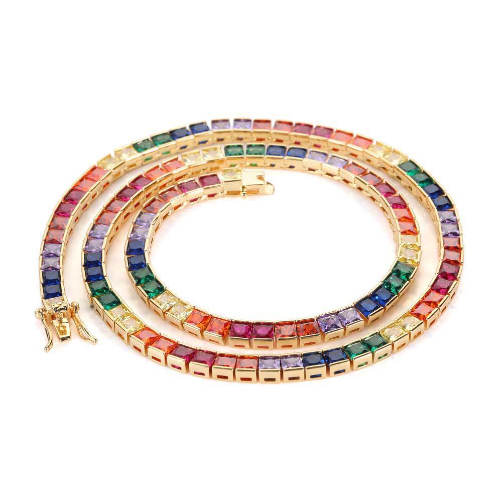 Simple Hip Hop 4mm Colorful Square Tennis Chain Necklace