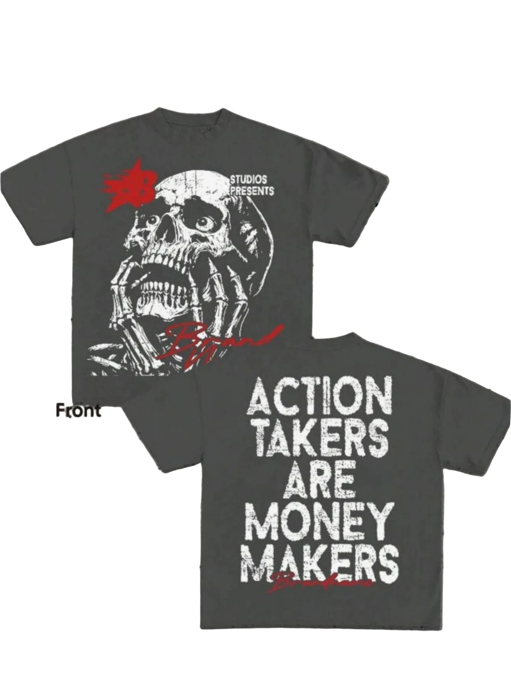 Gray t-shirt with skull design and text on front and back, on a textured gray background.