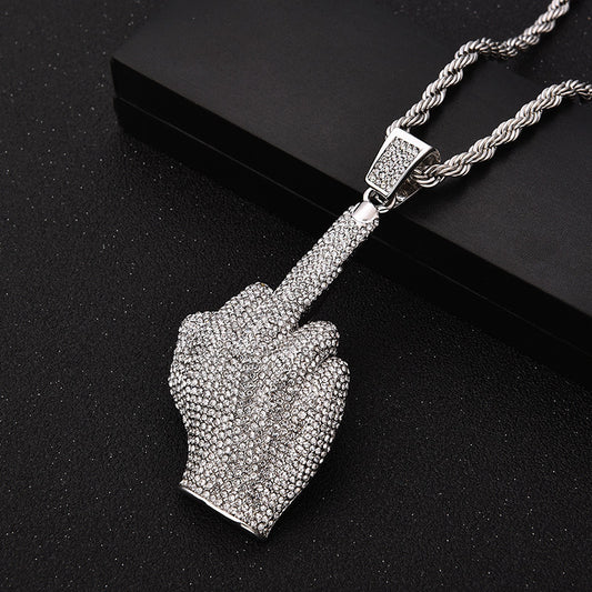 Personalized Vertical Middle Finger Hip Hop Pendant Full Rhinestone Necklace