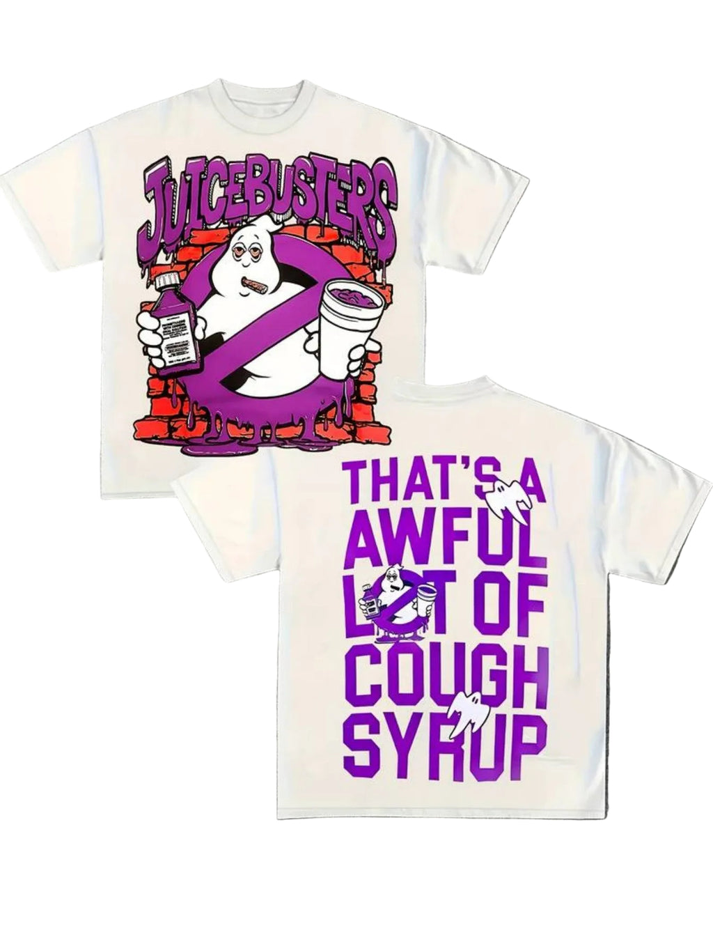 Two t-shirts with graphic designs and text on a dark background