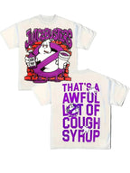 Two t-shirts with graphic designs and text on a dark background