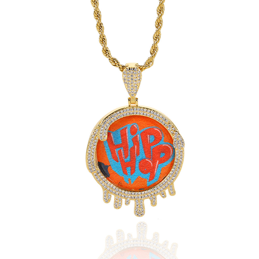 Hip Hop Jewelry Round Water Drop Photo Frame Pendant Micro-inlaid Zircon